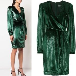 PatBO Liquid Velvet V-Neck Mini Dress Green Metallic